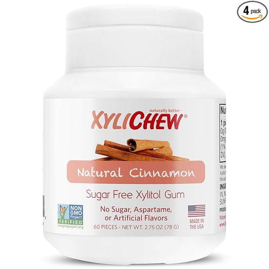 Xylichew 100% Xylitol Chewing Gum Jars - Non GMO, Gluten, Aspartame, and Sugar Free Gum - Natural Oral Care, Relieves Bad Breath and Dry Mouth - Cinnamon, 60 Count (Pack of 4)