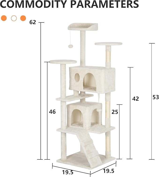 BestPet | 62" Cat Tree Tower | Beige | Sturdy, Easy to Assemble, Multi-Level Activity Center with Sisal Scratching Posts, Condos, Perches, Hanging Cat Toys, Observation Decks & Ladder