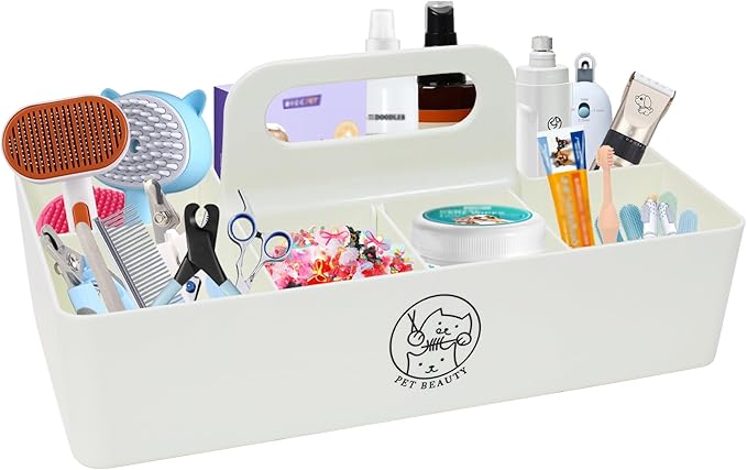 Dog Storage Organizer for Grooming Supplies,8-Compartment Caddy for Dog Cat Grooming Kit,Pet Stuff Storage, Ieal for Shampoo, Trimmer,Clipper,Combo,Brush-Modern Minimalist White