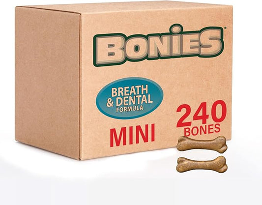 Bonies Natural Breath and Dental Formula Minis-Sized Single Bone - All-Natural Ingredients, Fresh Breath, Cleans Teeth, Low Calories, Chicken Flavor, MINI Dogs, 240 Bones