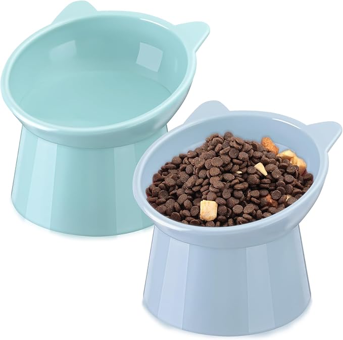 Zhehao 2 Pieces Plastic Raised Bowl Tilted 15 Degrees Elevated Cat Food and Water Bowls Set Anti Vomit Dog Kitten Food Dishes Pet for Cats and Small Dogs(Cat Ears,Light Green, Blue)