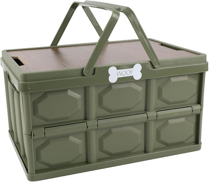 Outdoor Dog Toy Bin wtih Handles,Collapsible Dog Stuff Organizer Portable,Pet Storage Basket with Wood Cover for Dog Toys/Snack/Camping Essentials,Ideal for Car Trunk,RV Trip,Picnic-Green