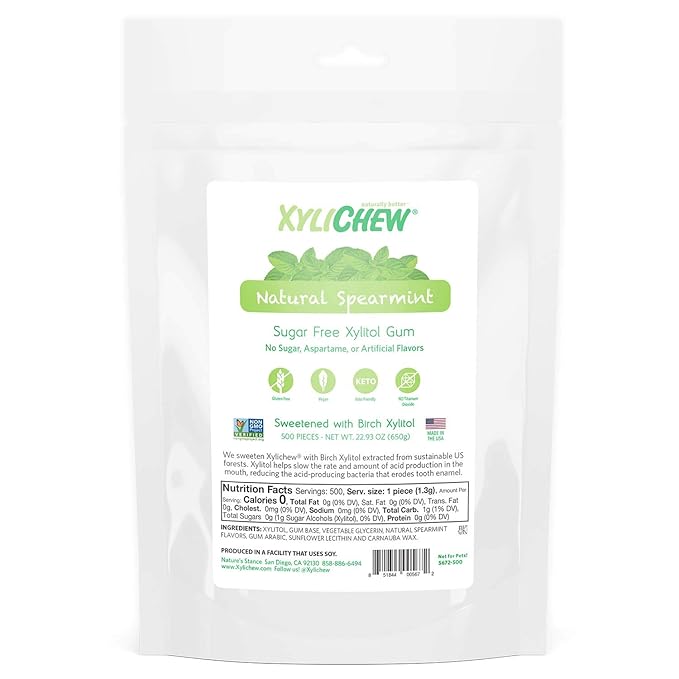Xylichew 100% Xylitol Chewing Gum - Non GMO, Non Aspartame, Gluten Free, and Sugar Free Gum - Natural Oral Care, Relieves Bad Breath and Dry Mouth - Spearmint, 500 Count