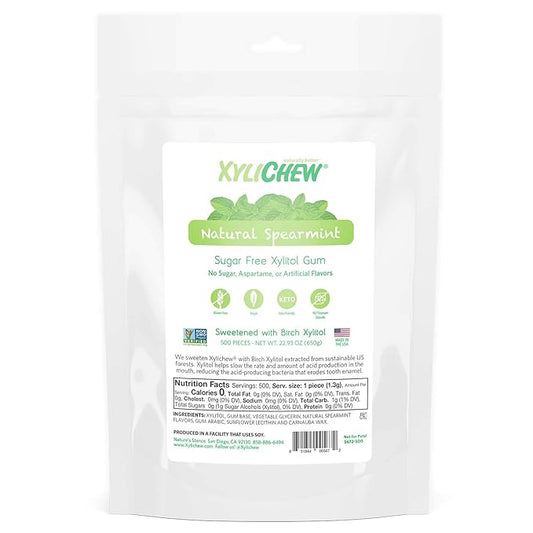 Xylichew 100% Xylitol Chewing Gum - Non GMO, Non Aspartame, Gluten Free, and Sugar Free Gum - Natural Oral Care, Relieves Bad Breath and Dry Mouth - Spearmint, 500 Count
