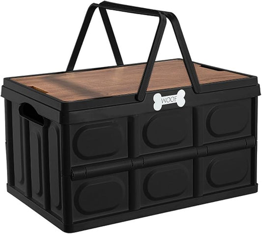 Outdoor Dog Toy Bin wtih Handles,Collapsible Dog Stuff Organizer Portable,Pet Storage Basket with Wood Cover for Dog Toys/Snack/Camping Essentials,Ideal for Car Trunk,RV Trip,Picnic-Black