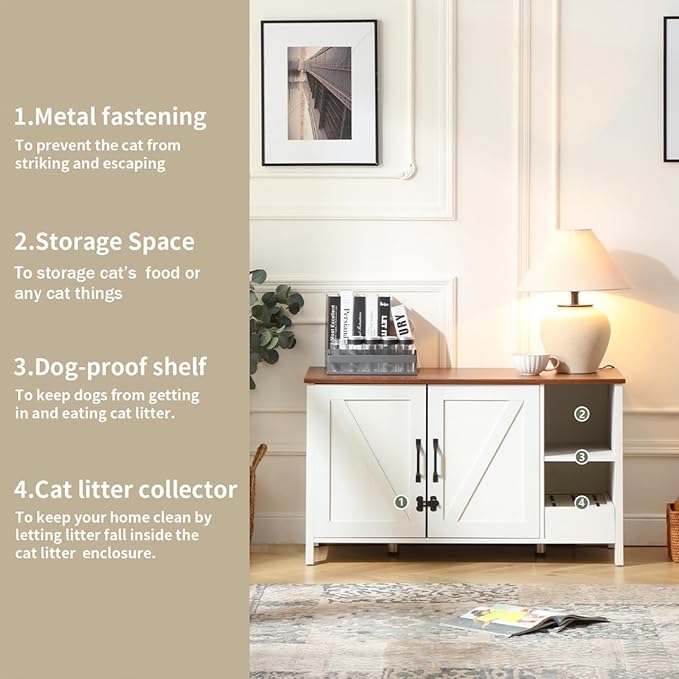 41.3'' Cat Litter Enclosure,Adjustable Shelf for Dog Proof and Storage,Locks Added for Cat,Litter Collector,Small Indoor Pet House,Antique White