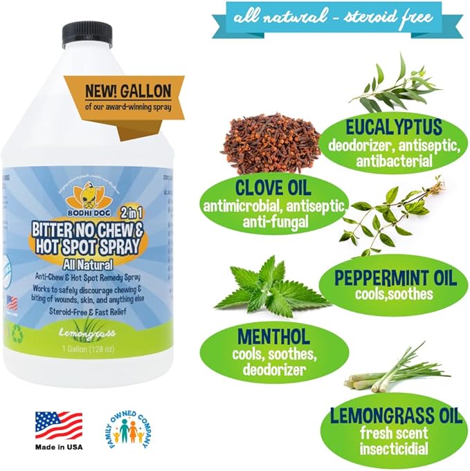 Bodhi Dog Bitter 2-in-1 No Chew & Hot Spot Spray - Natural Anti-Chew Remedy Better Than Bitter Apple - Soothes Hot Spots, Deters Chewing - Safe for Skin, Wounds & Furniture- Made in USA (128 Fl Oz)