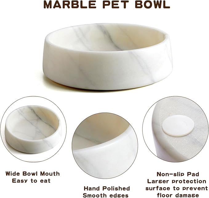 White Marble Dog Bowl, Non-Slip Dog Food Water Bowl, Small Weighted Stone Dish, Natural Marble Heavy Pet Bowl, Easy to Clean, Gifts for Cat Lovers, Perfect Cat Dog Gifts, Holds 4 Cups(5 lbs)