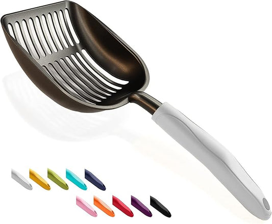 WePet Cat Litter Scoop, Non-Stick Plated Aluminum Alloy Sifter, Kitty Durable Metal Scooper, Deep Shovel, Long Handle, Kitten Pooper Lifter, Size Large, Coated Black Body with Grey Handle