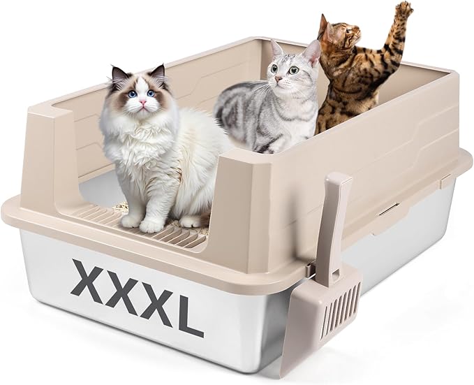 XXXL Stainless Steel Litter Box, 27.6" H x 19.7" W x 11.8" H Extra Large Metal High Sided Cat Litter Box with Scoop, Leak-Proof, Easy Clean for Big Cats/Multiple Cats (Khaki)