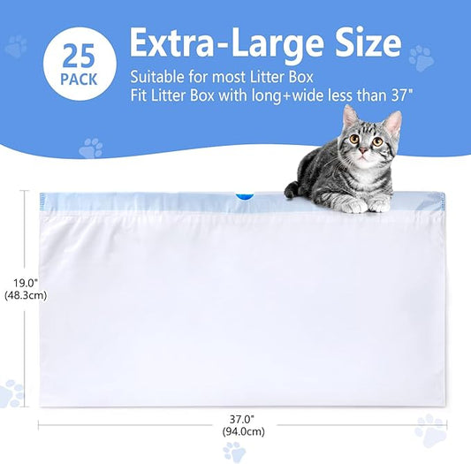 25 Count Cat Litter Liners Large 37x19" Jumbo Drawstring Litter Bags Extra-Thick Cat Litter Box Liners Heavy Duty Kitty Pan Liners for Easy Cleanup