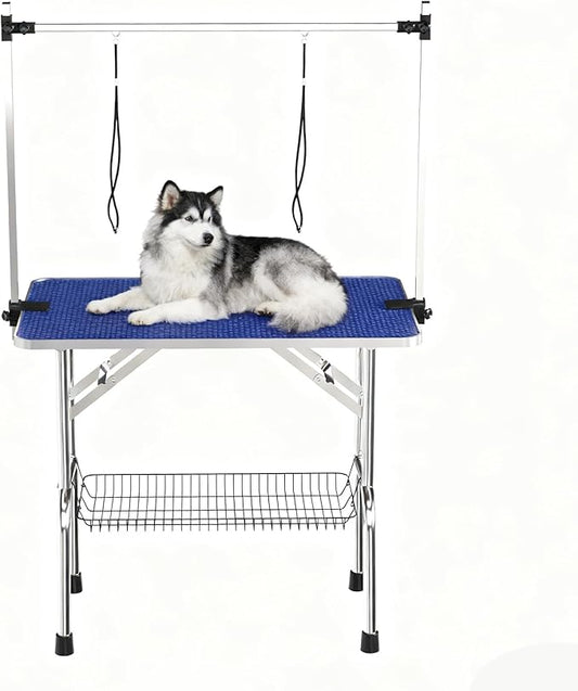 Pet Grooming Table, 42" Adjustable Height Dog Grooming Table with H-Type Arm & Stainless Steel Legs, Non-Slip E1 Grade Top, Tool-Free Folding, Portable for Professional & Home Use(Blue, 42inch)
