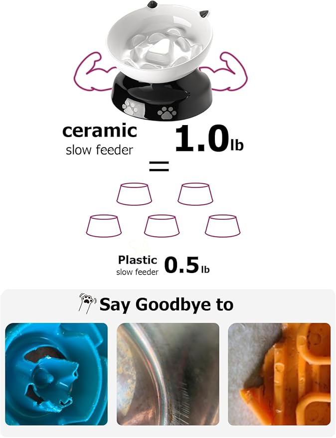 Y YHY Ceramic Cat Slow Feeder, Elevated Dog Food Bowl Tilted Design, Slow Feeder Bowl no Black Chin, Cat Shape for Dry and Wet Food