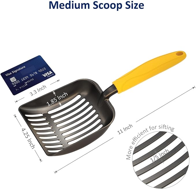 WePet Cat Litter Scoop, Non-Stick Plated Aluminum Alloy Sifter, Kitty Durable Metal Scooper, Deep Shovel, Long Handle, Kitten Pooper Lifter, Size Medium, Coated Black Body with Yellow Handle