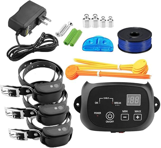 Wired Electric Dog Fence,In-ground Pet Safe Containment System,Covers up to 1.2 Acre,650 Ft Wire,Waterproof/Rechargeable Training Collar,Shock/Tone Correction,for 1 2 3 Dog,for3dogs