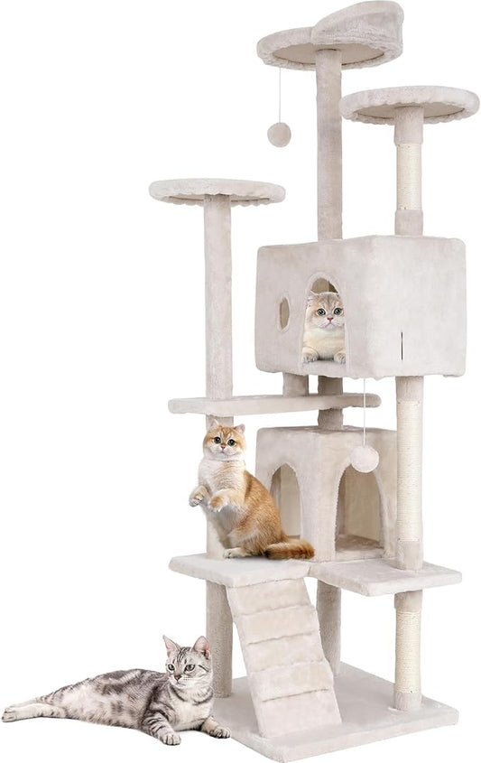 BestPet | 70" Cat Tree Tower | Cream | Sturdy, Easy to Assemble, Multi-Level Activity Center with Sisal Scratching Posts, Condos, Perches, Hanging Cat Toys, Observation Decks & Ladder