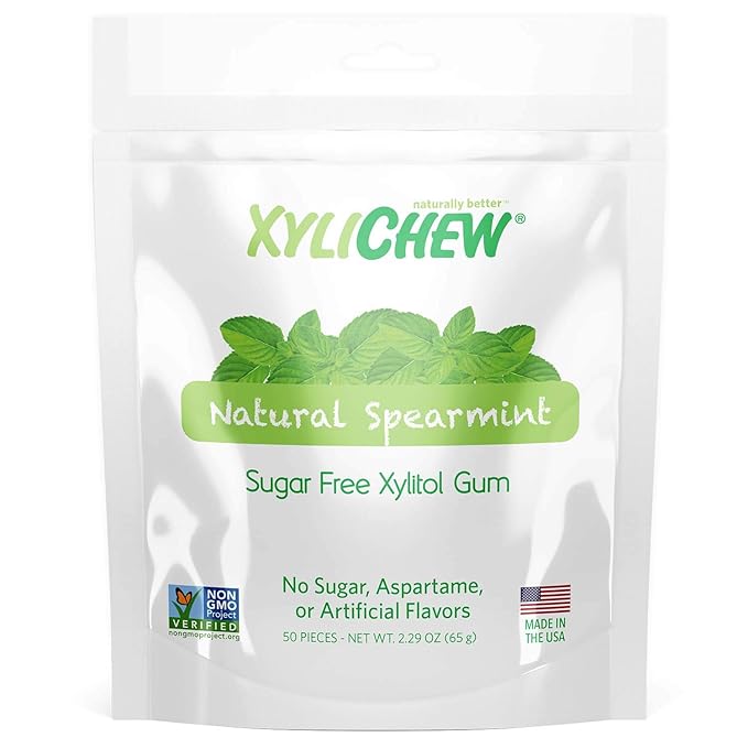 Xylichew 100% Xylitol Chewing Gum - Non GMO, Non Aspartame, Gluten Free, and Sugar Free Gum - Natural Oral Care, Relieves Bad Breath and Dry Mouth - Spearmint, 50 Count