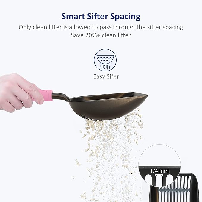 WePet Cat Litter Scoop, Non-Stick Plated Aluminum Alloy Sifter, Kitty Durable Metal Scooper, Deep Shovel, Long Handle, Kitten Pooper Lifter, Size Large, Coated Black Body with Pink Handle