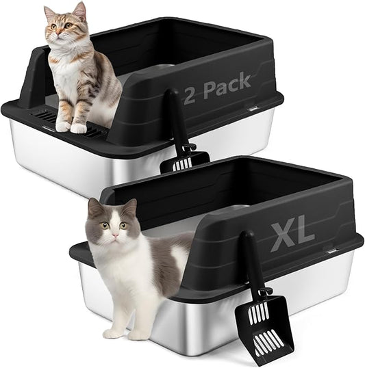 2 Pack Stainless Steel Litter Box, XL 22.9”x15”x 10.3” High Sided Metal Cat Litter Tray with Scoop, Cat Litter Box for Anti-Splash, Odor Control, Non-Sticky, Easy to Clean (Black)