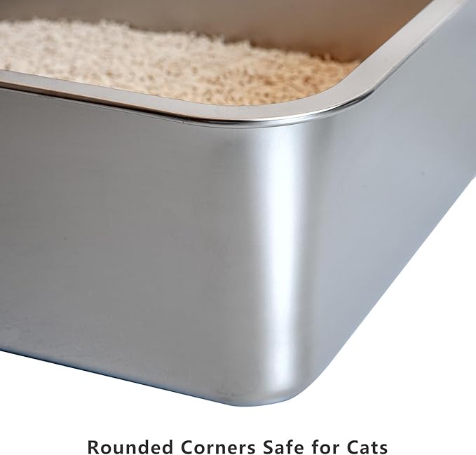 2-Pack Stainless Steel Cat Litter Boxes, Includes Catnip Fish Toy & Wand Feather Toy Refill, Easy to Clean, Pet Toilet Supplies for Kitten, Kitty, Rabbit, Metal Litter Pans for Multi-Cat Homes