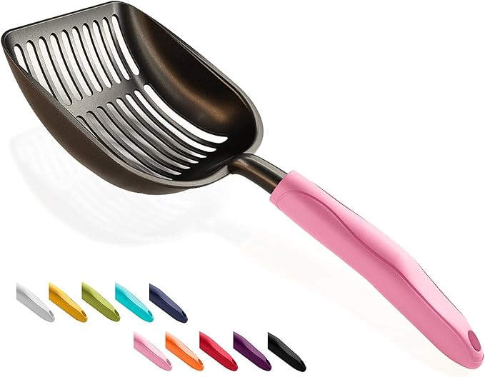 WePet Cat Litter Scoop, Non-Stick Plated Aluminum Alloy Sifter, Kitty Durable Metal Scooper, Deep Shovel, Long Handle, Kitten Pooper Lifter, Size Large, Coated Black Body with Pink Handle