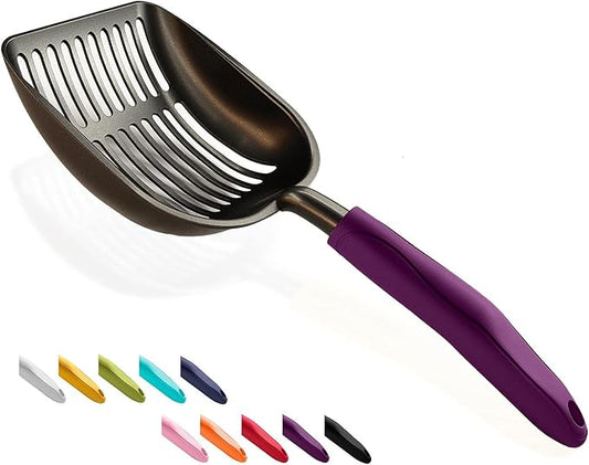 WePet Cat Litter Scoop, Non-Stick Plated Aluminum Alloy Sifter, Kitty Durable Metal Scooper, Deep Shovel, Long Handle, Kitten Pooper Lifter, Size Large, Coated Black Body with Violet Handle