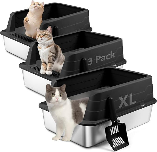 3 Pack Stainless Steel Litter Box, XL 22.9” x 15” x 10.3” High Sided Metal Cat Litter Tray with Scoop, Cat Litter Box for Anti-Splash, Non-Sticky, Easy to Clean (Black)