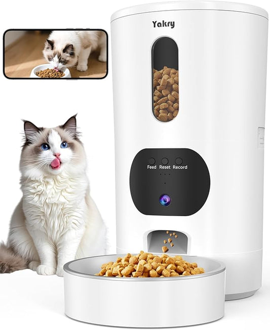 Yakry Automatic Cat Feeder with Camera - 5G WiFi Easy Setup App Control Cat Dry Food Dispenser with Stainless Steel Bowl, 4L/17 Cups, HD 1080P Video with Night Vision for Small Pets Indoor