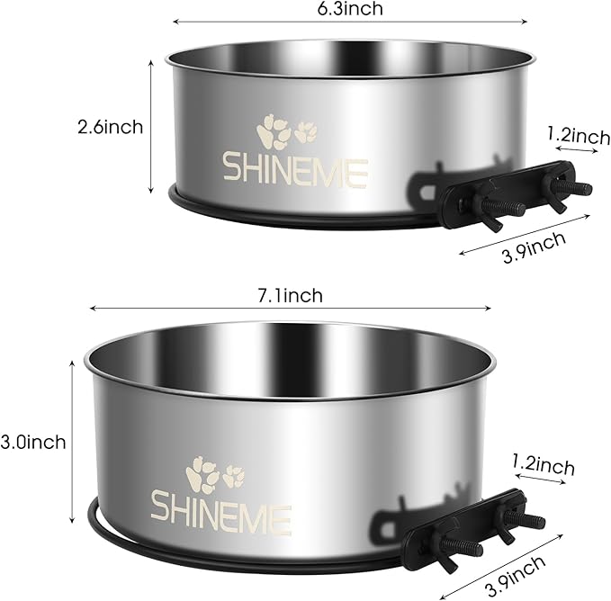 Water Bowl for Dog Crate, ShineMe 34oz & 25oz Stainless Steel Dogs Bowls, Dog Food and Water Bowl Set Mountable in Crate Kennel Cage, 2 Pack, Silver (6.2x2.6” & 5.5x2.4”)