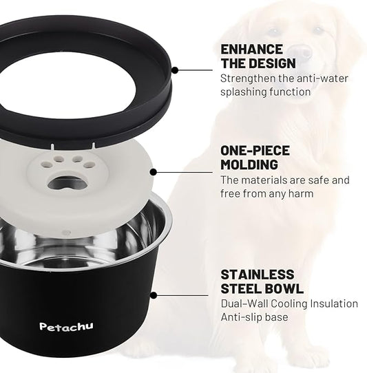 1.3 Gallon (5L) Stainless Steel Dog Water Bowl, No-Spill Floating Disk, 169 oz Large-Capacity Pet Water Feeder, Splash-Proof & Easy-to-Clean Design (Black)