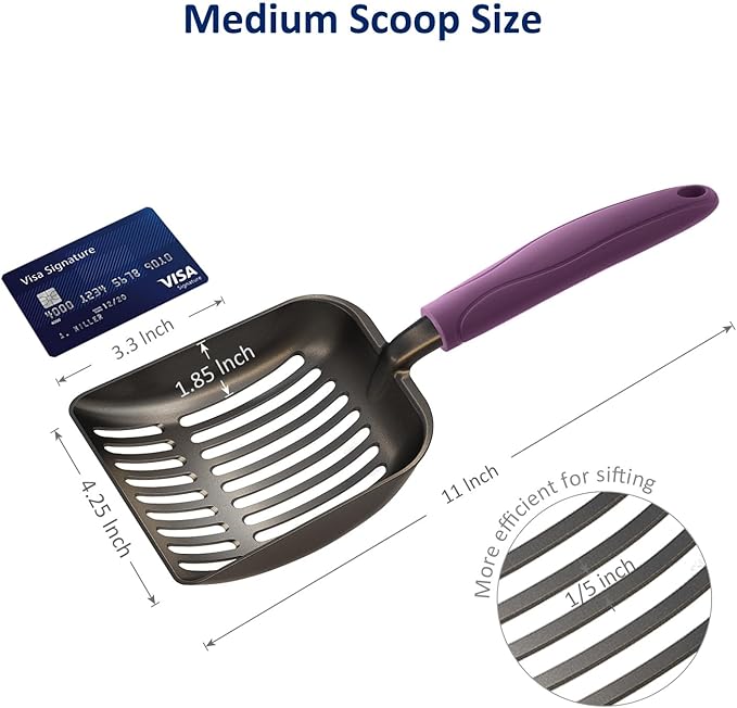 WePet Cat Litter Scoop, Non-Stick Plated Aluminum Alloy Sifter, Kitty Durable Metal Scooper, Deep Shovel, Long Handle, Kitten Pooper Lifter, Size Medium, Coated Black Body with Violet Handle