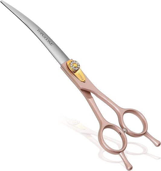 TOPGOOSE Professional Curved Dog Grooming Scissors 7.5'' 440C Stainless Steel Pet Cutting Shears Safety Trimming Shearing for Dogs Cats (Rose Gold, Curved Shear)