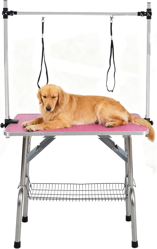 Pet Grooming Table, 46" Adjustable Height Dog Grooming Table with H-Type Arm & Stainless Steel Legs, Non-Slip E1 Grade Top, Tool-Free Folding, Portable for Professional & Home Use(Pink, 46inch)