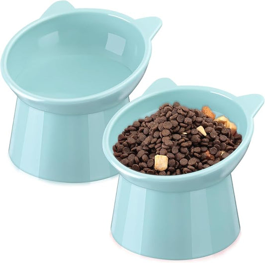 Zhehao 2 Pieces Plastic Raised Bowl Tilted 15 Degrees Elevated Cat Food and Water Bowls Set Anti Vomit Dog Kitten Food Dishes Pet for Cats and Small Dogs(Cat Ears,Light Green)