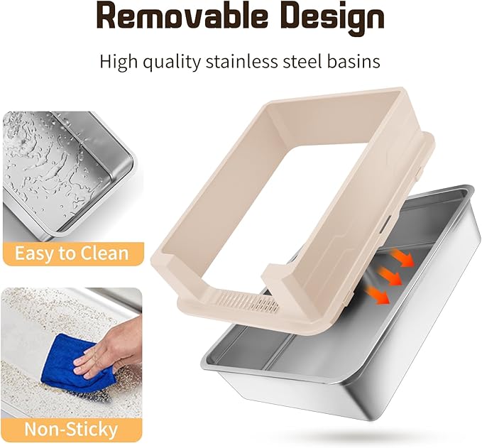 XXXL Stainless Steel Litter Box, 27.6" H x 19.7" W x 11.8" H Extra Large Metal High Sided Cat Litter Box with Scoop, Leak-Proof, Easy Clean for Big Cats/Multiple Cats (Khaki)