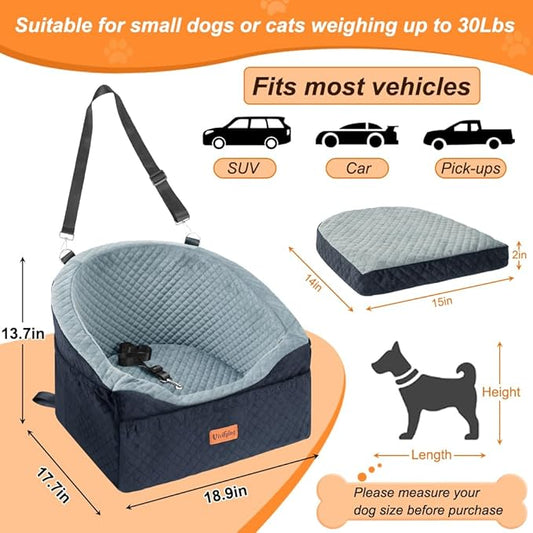 Vivifying Dog Car Seat for Small & Medium Dogs, Detachable & Washable Booster Seat for Pets Up to 30lbs, Travel Bed with Storage Pockets and Safety Belt – Gray&Black