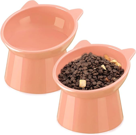 Zhehao 2 Pieces Plastic Raised Bowl Tilted 15 Degrees Elevated Cat Food and Water Bowls Set Anti Vomit Dog Kitten Food Dishes Pet for Cats and Small Dogs (Cat Ears,Peach)