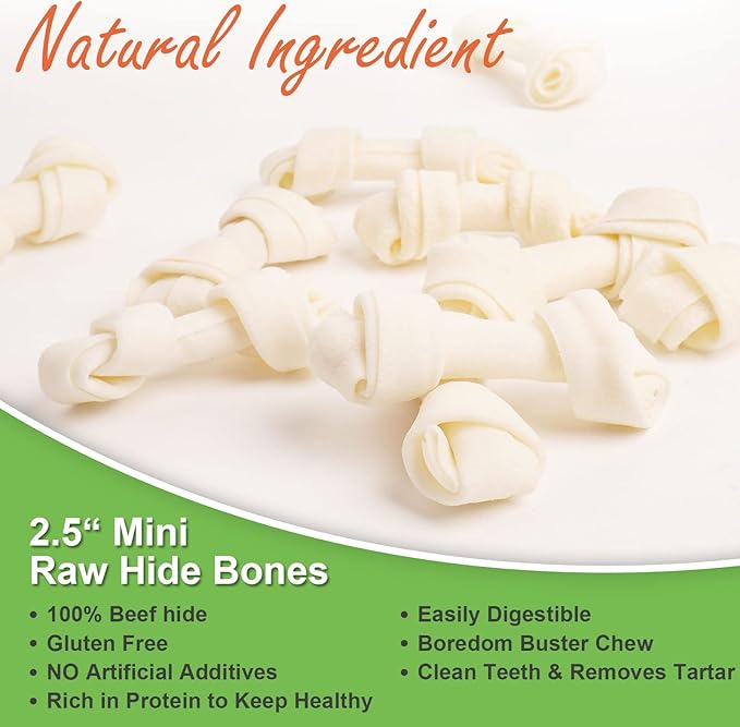 MON2SUN Dog Rawhide Knot Bones Mini Bones Rawhide Chews Natural 2.5 Inch 60 Count for Puppy and Small Dogs