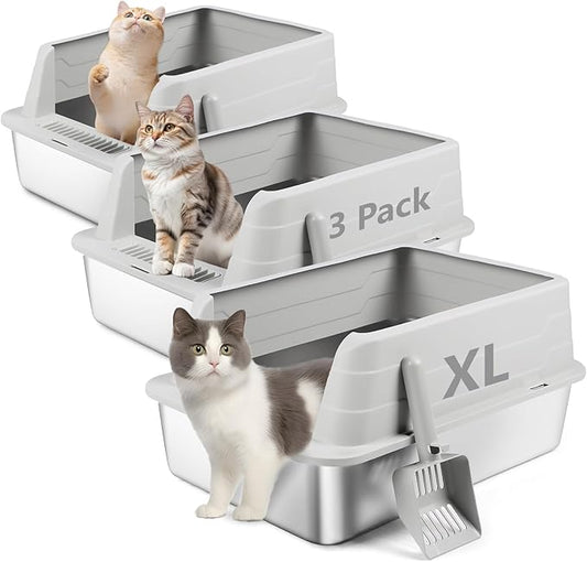 3 Pack Stainless Steel Litter Box, XL 22.9” x 15” x 10.3” High Sided Metal Cat Litter Tray with Scoop, Cat Litter Box for Anti-Splash, Non-Sticky, Easy to Clean (Light Grey)