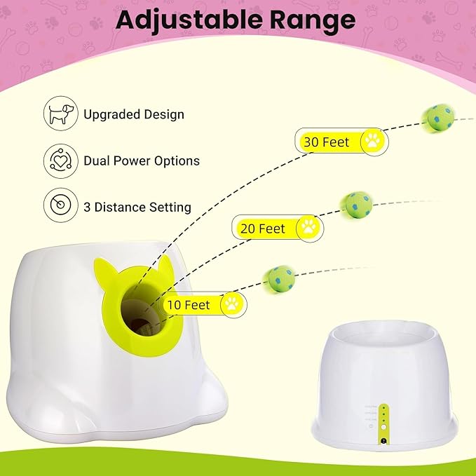 Auto Small Dog Ball Thrower for Small & Medium Dogs | Remote Control Launcher Toy with 6 Balls & Accessories – Indoor & Outdoor Use | Dual Power Options – Super White