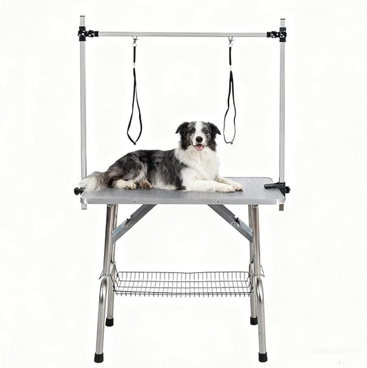 Pet Grooming Table, 42" Adjustable Height Dog Grooming Table with H-Type Arm & Stainless Steel Legs, Non-Slip E1 Grade Top, Tool-Free Folding, Portable for Professional & Home Use(Silver grey, 42inch)