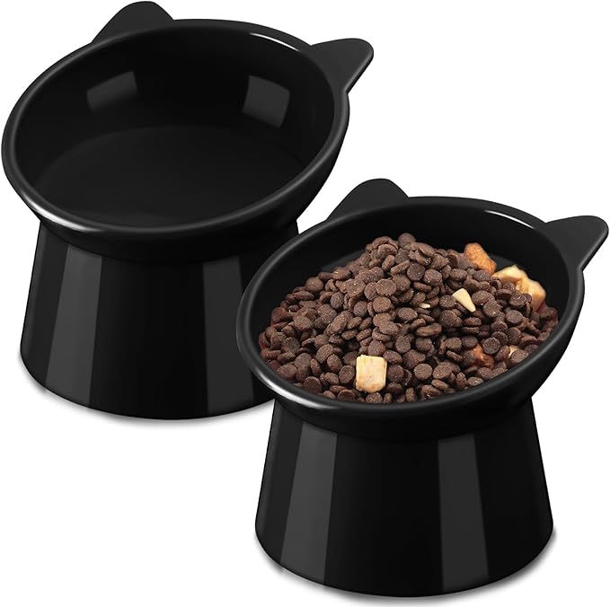 Zhehao 2 Pieces Plastic Raised Bowl Tilted 15 Degrees Elevated Cat Food and Water Bowls Set Anti Vomit Dog Kitten Food Dishes Pet for Cats and Small Dogs(Cat Ears,Black)