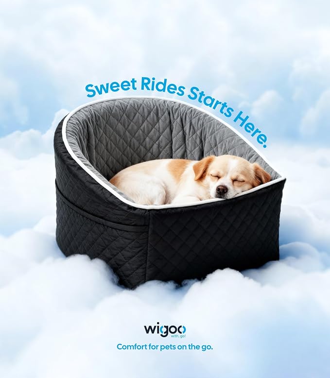 Wigoo Dog Booster Car Seat for Small & Medium Dogs up to 35 lbs, Elevated Pet Seat with Comfort Support, Detachable & Washable Cover, Storage Pockets, and Dog Safety Belt (Black/Grey)