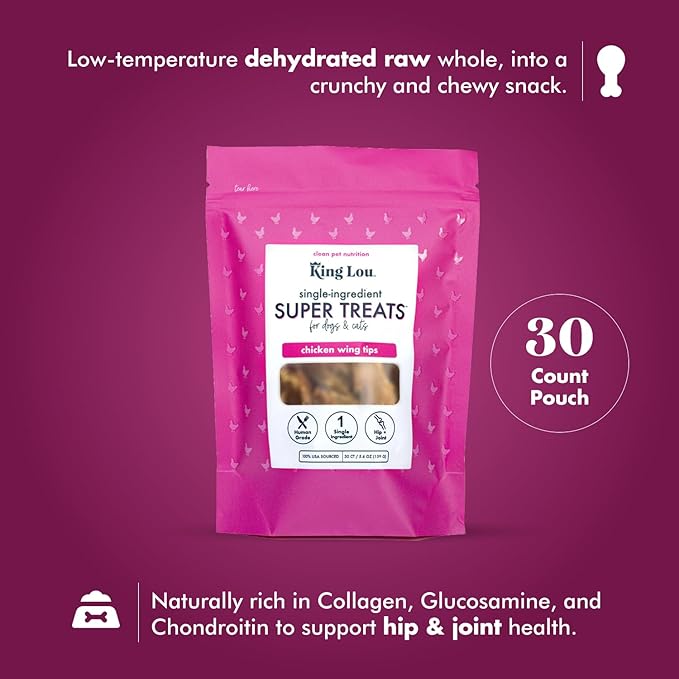 King Lou Pets - Whole Chicken Wing Tips - Dehydrated Raw Chicken Dog & Cat Treats - USA-Made - Rich in Collagen, Glucosamine, Chondroitin for Hip & Joint Health - 30 Count