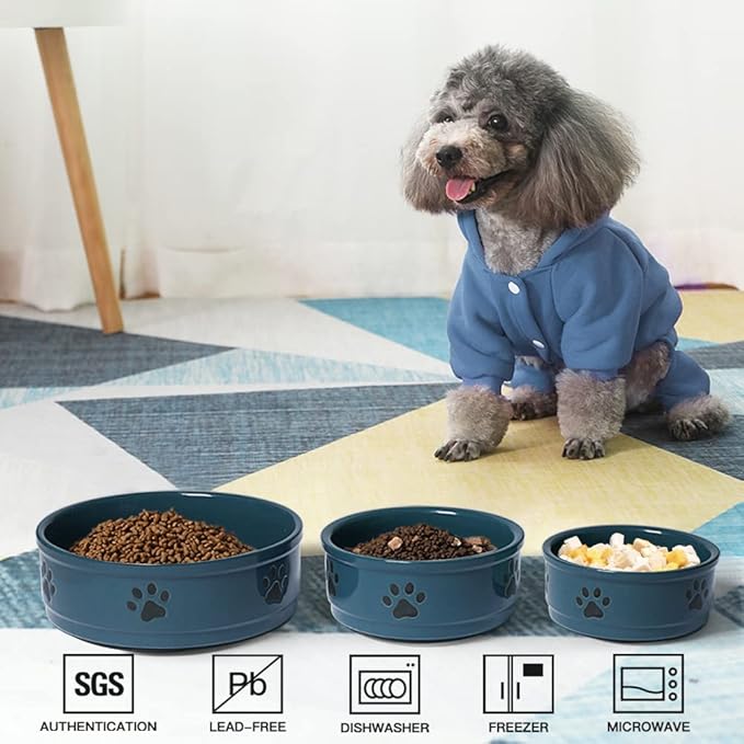 Sweejar Ceramic Dog Bowls with Paw Pattern, Dog Food Dish for Large Dogs, Porcelain Pet Bowl for Water 70 Fl Oz (Fog Blue)