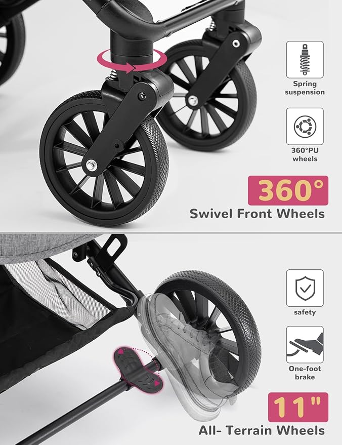 Dog Stroller for Small Medium Dogs Up to 60lbs, 4 Wheels Folding Pet Stroller with Detachable Carrier, Pet Travel Carrier for 2 Dogs & Cats, Storage Basket, Breathable, Grey