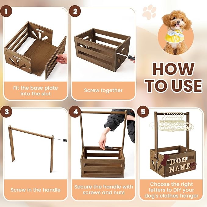 20 x 13 x 9 Wooden Dog Closet Pet Wardrobe Crate Box with Hanging Rods and Personalized Alphabet Letters Easy Assembly Baskets for Dog Cat Toys Clothes Accessories(Dark Walnut)