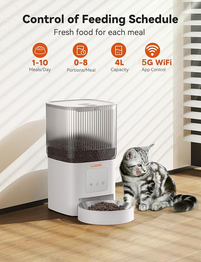 WOPET Automatic Cat Feeder, 5G WiFi Smart Pet Feeder for Dogs and Cats with APP Control, Low Food Sensor, 10s Voice Recorder, Up to 10 Meals Daily, Dual Power Supply, Timed Dog Food Dispenser