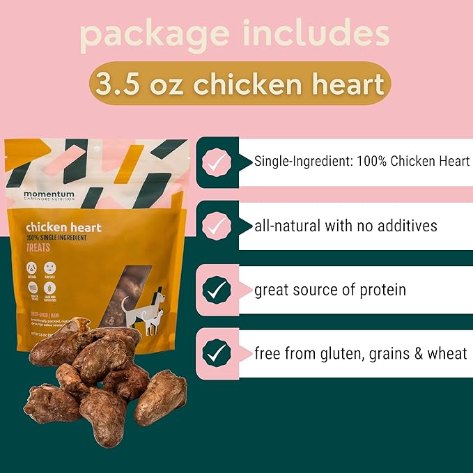 Momentum Carnivore Nutrition Freeze-Dried Chicken Heart Dog Treats – Single-Ingredient, Dog & Cat Treats – High-Protein, Grain-Free– 3.5 oz Bag