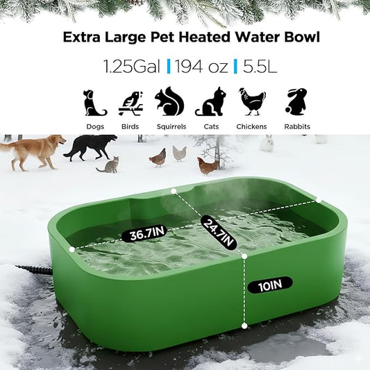 1.25Gal/5.5L Extra Large Pet Heated Water Bowl for Dog Cats Rabbit Chicken Duck Squirrel, Indoor & Outdoor Antifreezing Winter Heated Food & Water Bowl Dish, Thickened Design, BPA-Free, Plug and Play